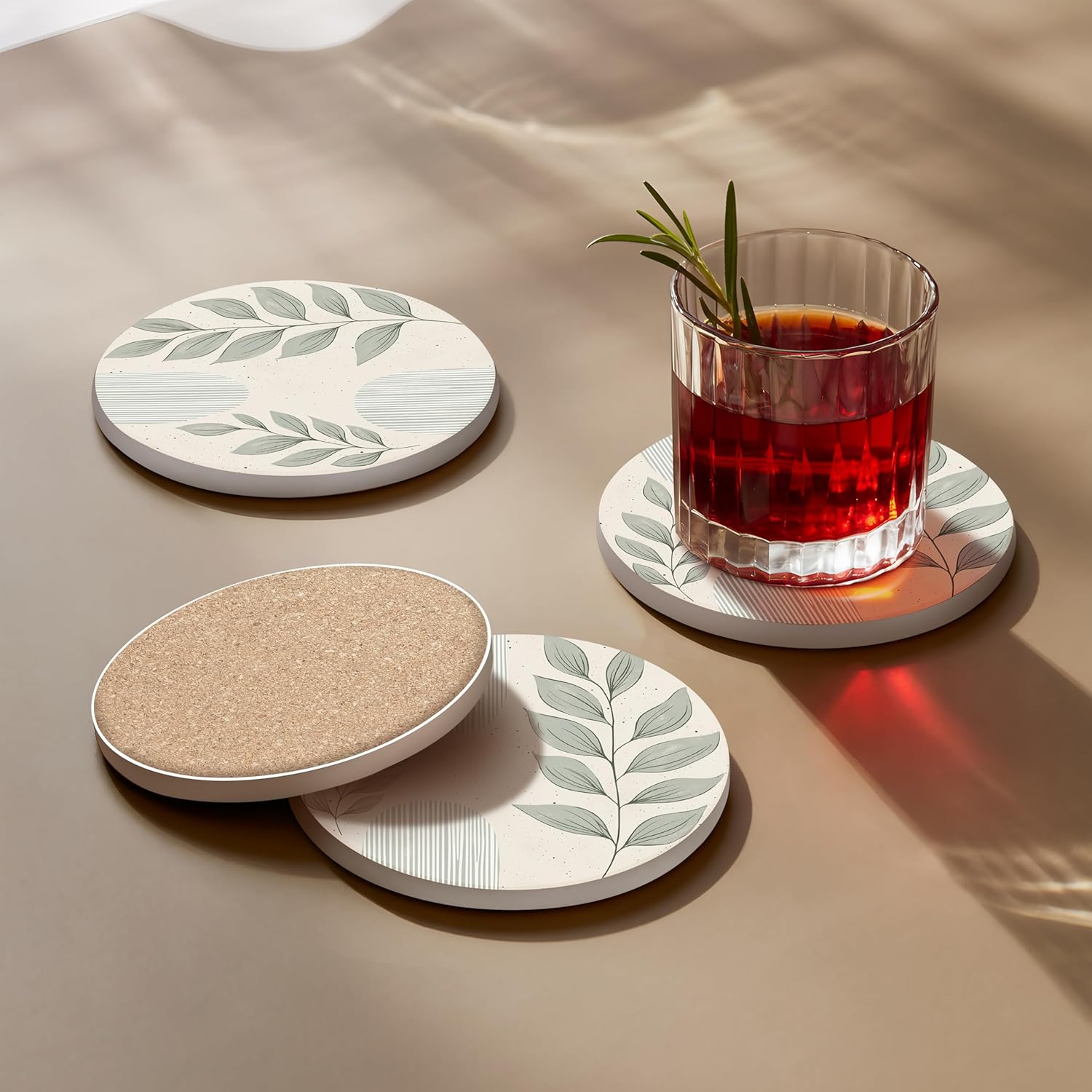 VEYRO Coasters Set of 6 for Drinks – Absorbent Ceramic Stone Drink Coasters with Cork Backing for Coffee Table & Desk, Modern Boho Look Cup Coaster Set, Housewarming Gift for New Home