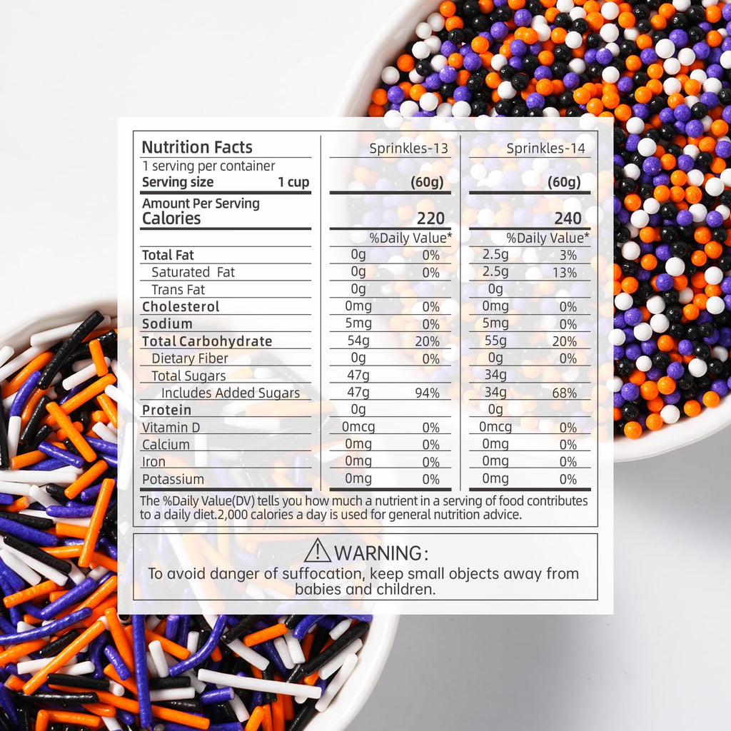 Edible Halloween Sprinkles for Cake Decorating, Halloween Jimmies Sprinkle, Nonpareils Sprinkle, White, Orange, Purple, and Black Sprinkles for Cupcakes, Macarons, Ice Cream, and Cookies