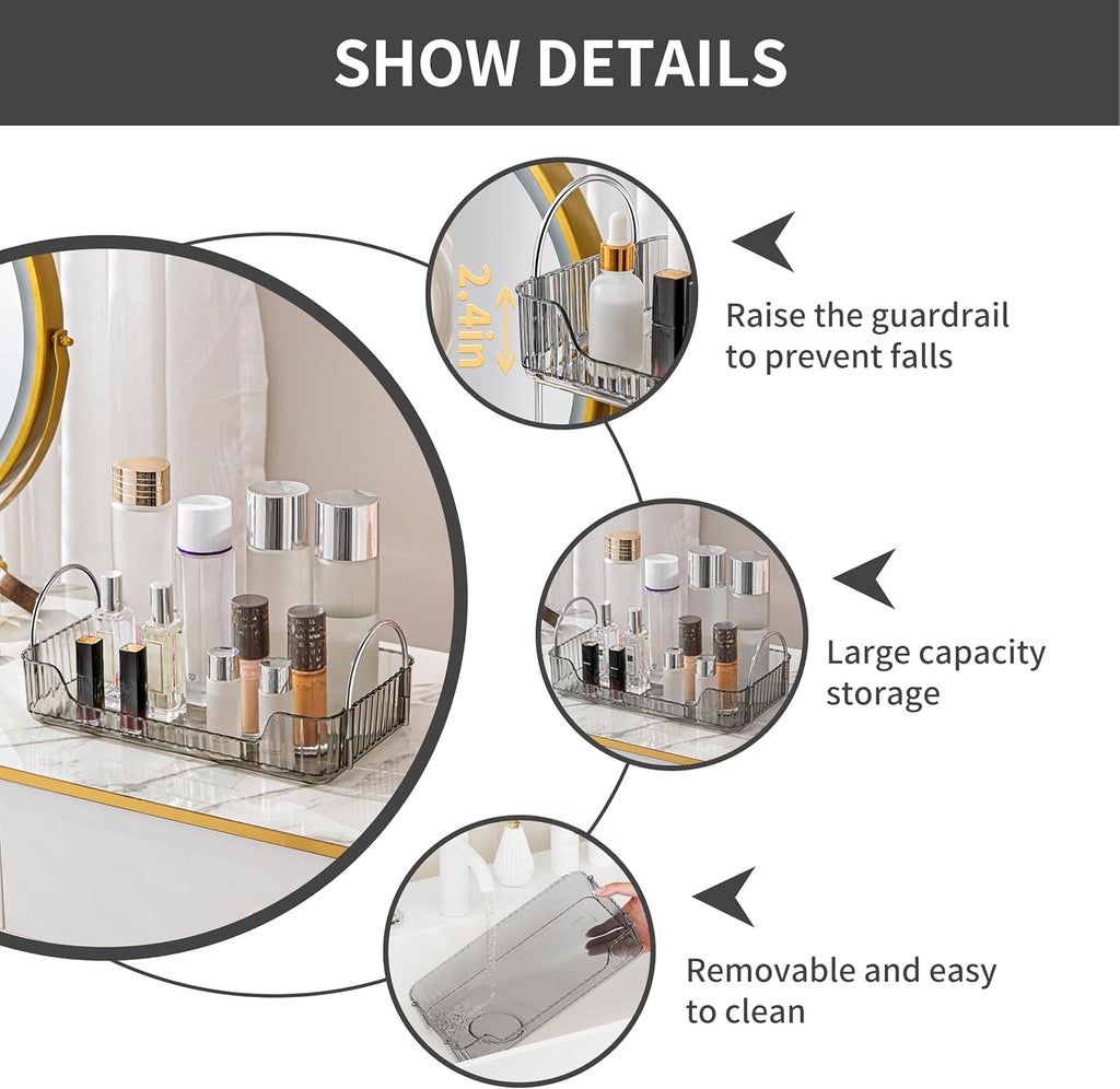 YCIA&DONE Bathroom Organizer Countertop, Makeup Storage, Skincare Cosmetic Tray Shelf, Perfume Holder Rack for Vanity Counter, Large Capacity, Easy to Install, Clean, 1 Tier, Smoky Gray