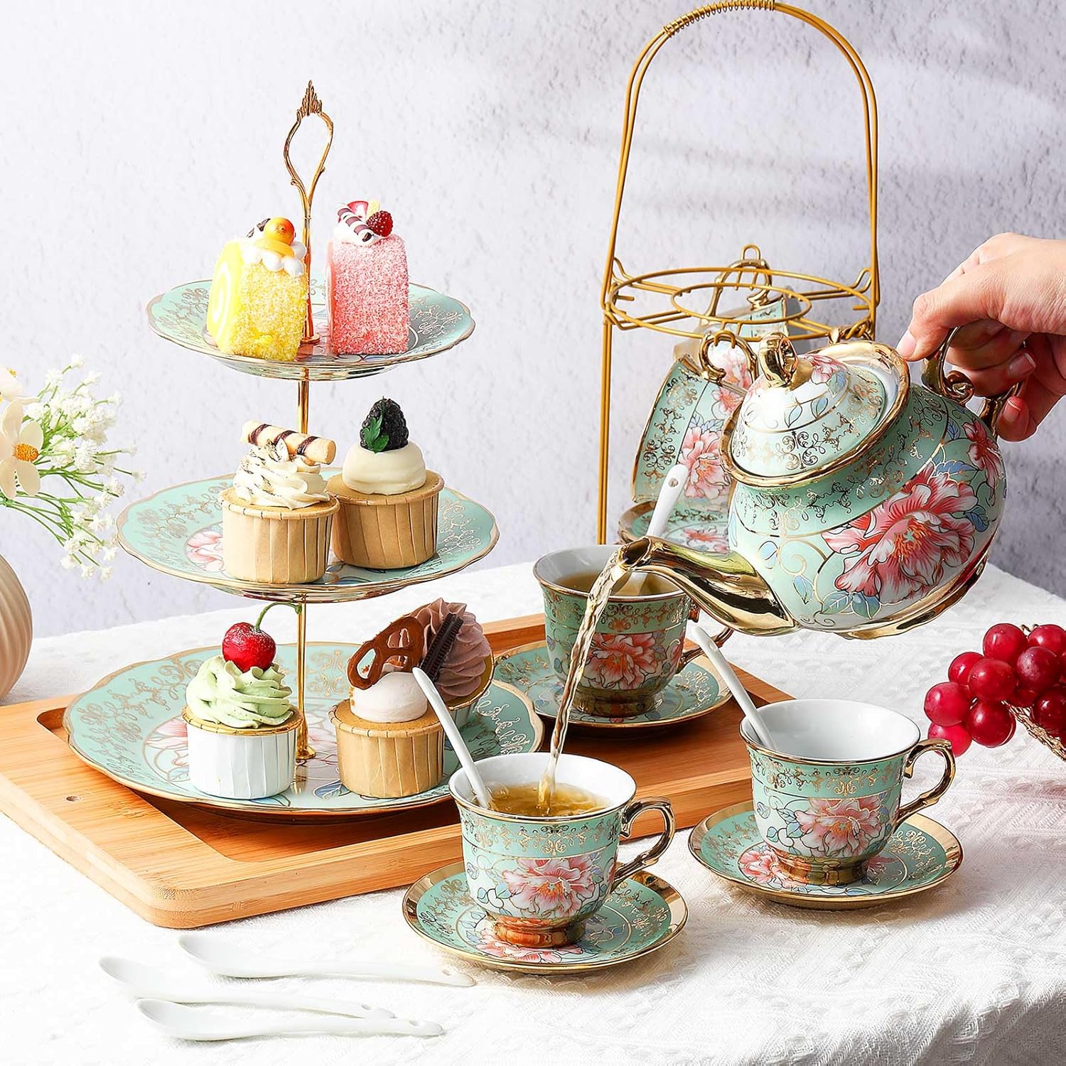 Maxcheck 21 Pcs Tea Party Set for Adults European Floral Tea Set with Metal Holder and 3 Tier Ceramic Cake Stand Porcelain Flower Cup Teapot for Dessert Cupcake(Fresh Style)