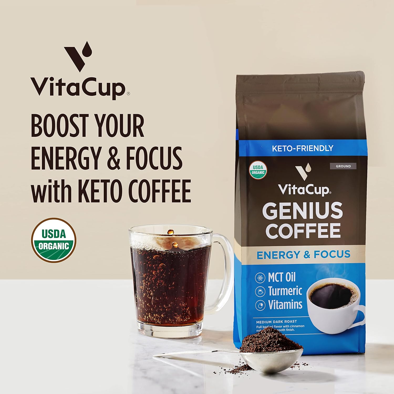 VitaCup Organic Genius Ground Keto Coffee, Increase Energy & Focus w/MCT Oil, Turmeric, B Vitamins, D3, USDA Organic Ground Coffee Medium Dark Roast, 100% Arabica Coffee Grounds, 4 bags, 10 oz each