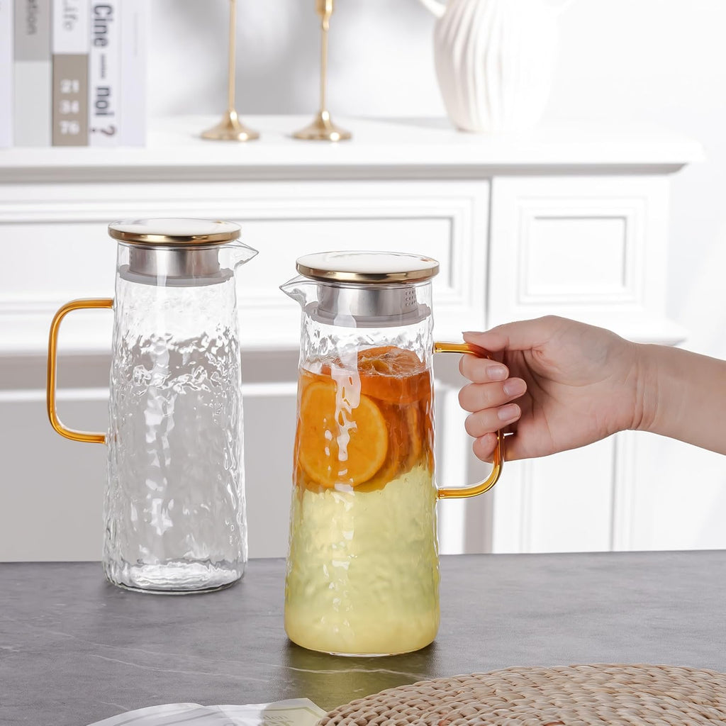 Glass Water Pitcher with Stainless Steel Lid, 2 Pack, 50 oz 1.5L - Borosilicate Glass Jug, Heat Resistant Carafe with Filter, Golden Vintage Design