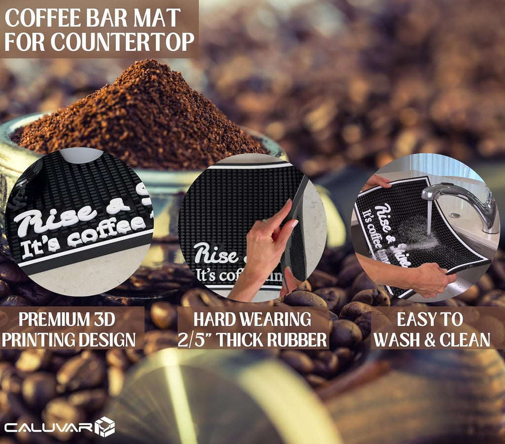 Coffee Bar Mats for Countertop Rise and Shine It's Coffee Time Sign 18x12 in Espresso Machine Mat Compatible, Premium Silicone Mat for Countertop for Tiki Bar Decor and Tiki Decorations