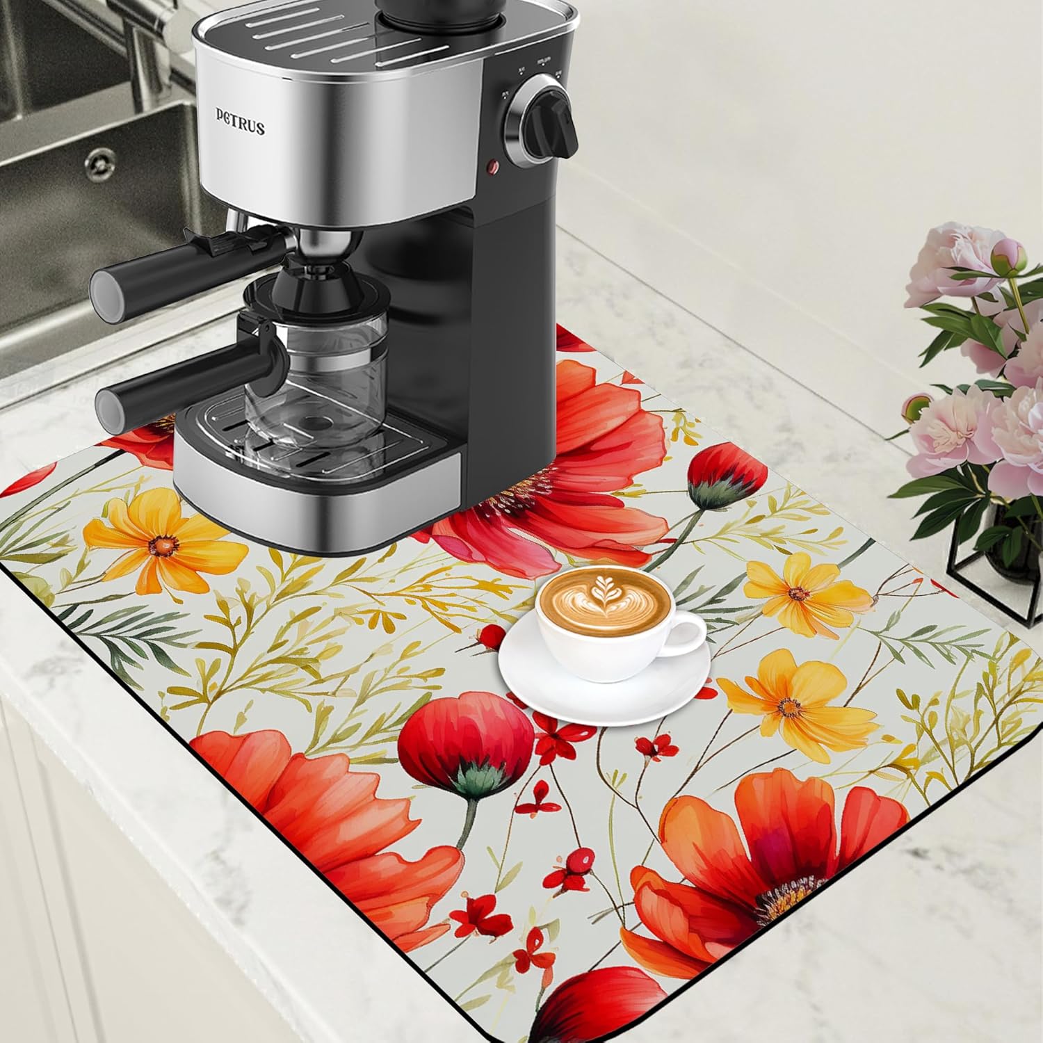 Red and Yellow Flowers Coffee Mat Absorbent Dish Drying Mat for Kitchen Counter Hide Stain Rubber Backed Coffee Bar Accessories Fit Under Espresso Machine Dish Drainer, 15.7 x 23.6 Inch