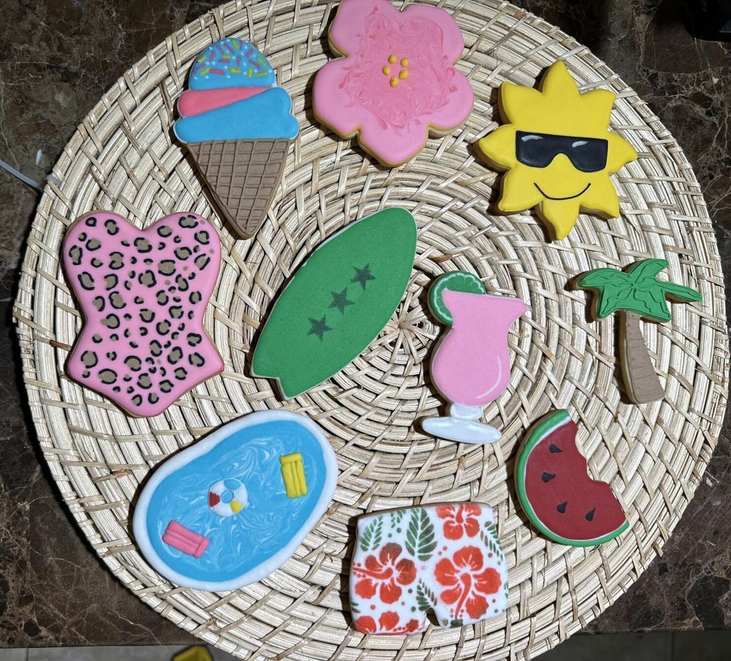 Beach Cookie Cutter Set-9 Piece-Flip Flop, Sunglasses, Sun, Ice Cream, Palm Tree, Bathing Suit, Tropical Flower, Surfboard-Diswasher Safe-Summer Cookie Cutters Shapes for baking