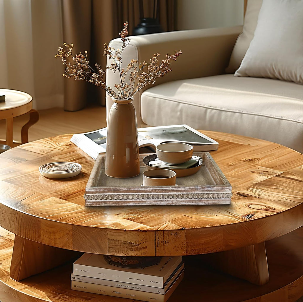 MAONAME Wood Serving Tray, Farmhouse Wooden Tray for Coffee Table, Rustic Square Trays with Beads, Washed White Decorative Trays for Living Room, Kitchen, 12" X 12" X 1.6"