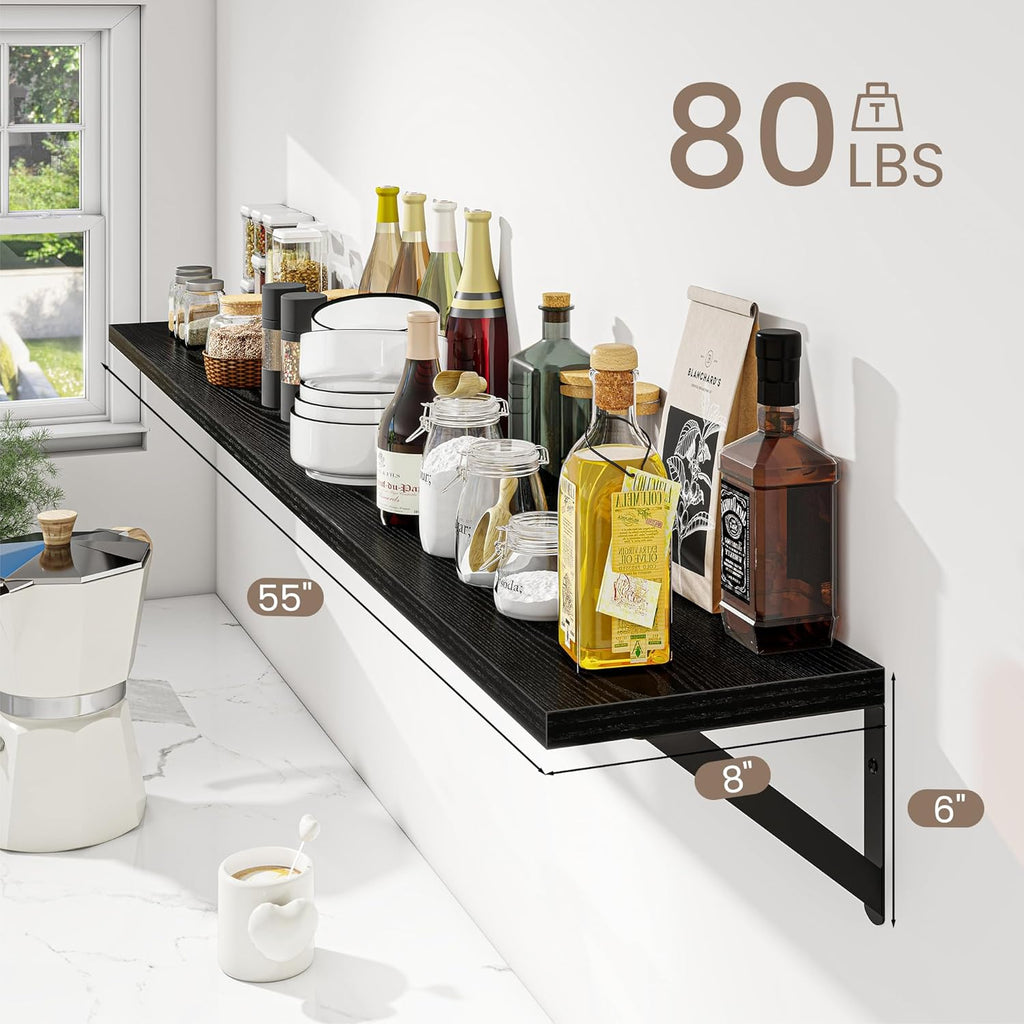 Dreamland 8 inch Deep Floating Shelves for Wall, 55W x 8D Wall Mounted Shelves Set of 2, Wide Display Ledge Shelf with Sturdy Metal Brackets for Living Room, Bathroom, Bedroom and Kitchen, Black