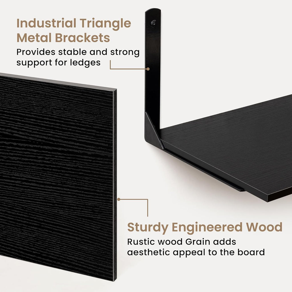 Fun Memories Floating Shelves for Wall, 12 Inch Deep Floating Shelves Set of 2, Wall Mounted Shelf with Metal Brackets, Rustic Wood Wide Shelf for Bathroom, Kitchen and Living Room, Black, 55W x 12D