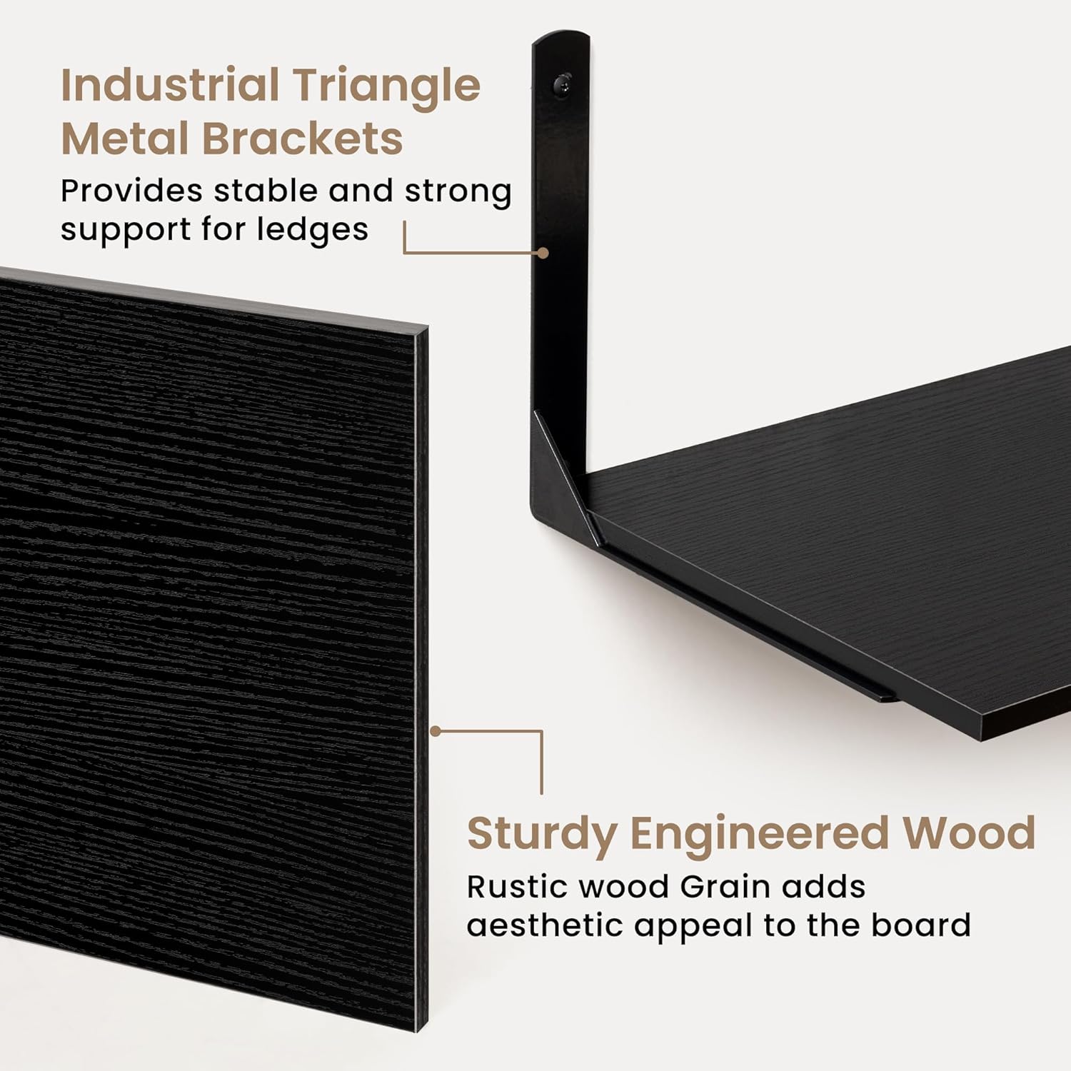 Fun Memories Floating Shelves for Wall, 12 Inch Deep Floating Shelves Set of 2, Wall Mounted Shelf with Metal Brackets, Rustic Wood Wide Shelf for Bathroom, Kitchen and Living Room, Black, 36W x 12D