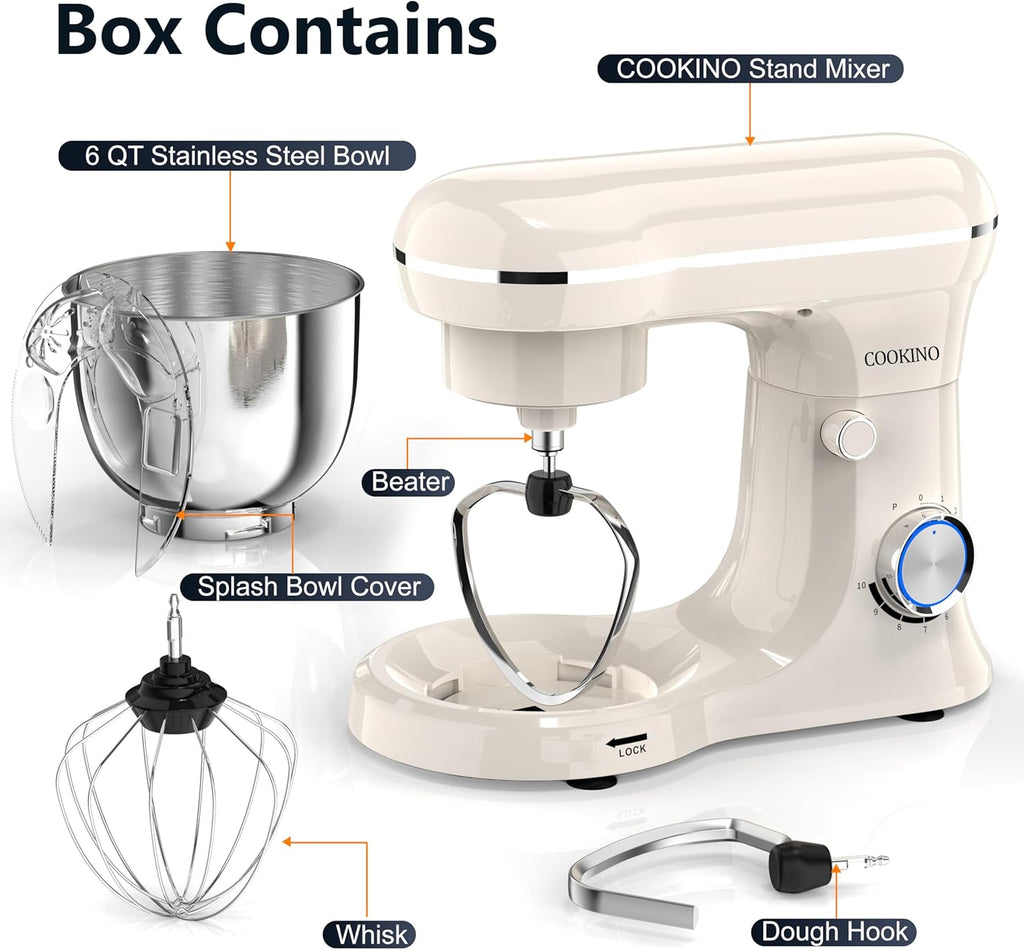 Electric Stand Mixer,10 Speeds Tilt-Head Food Mixer, 3-IN-1 Kitchen Mixer for Daily Cooks with Dishwasher-Safe 6QT Bowl,Dough Hook, Beater, Whisk (Almond Cream)