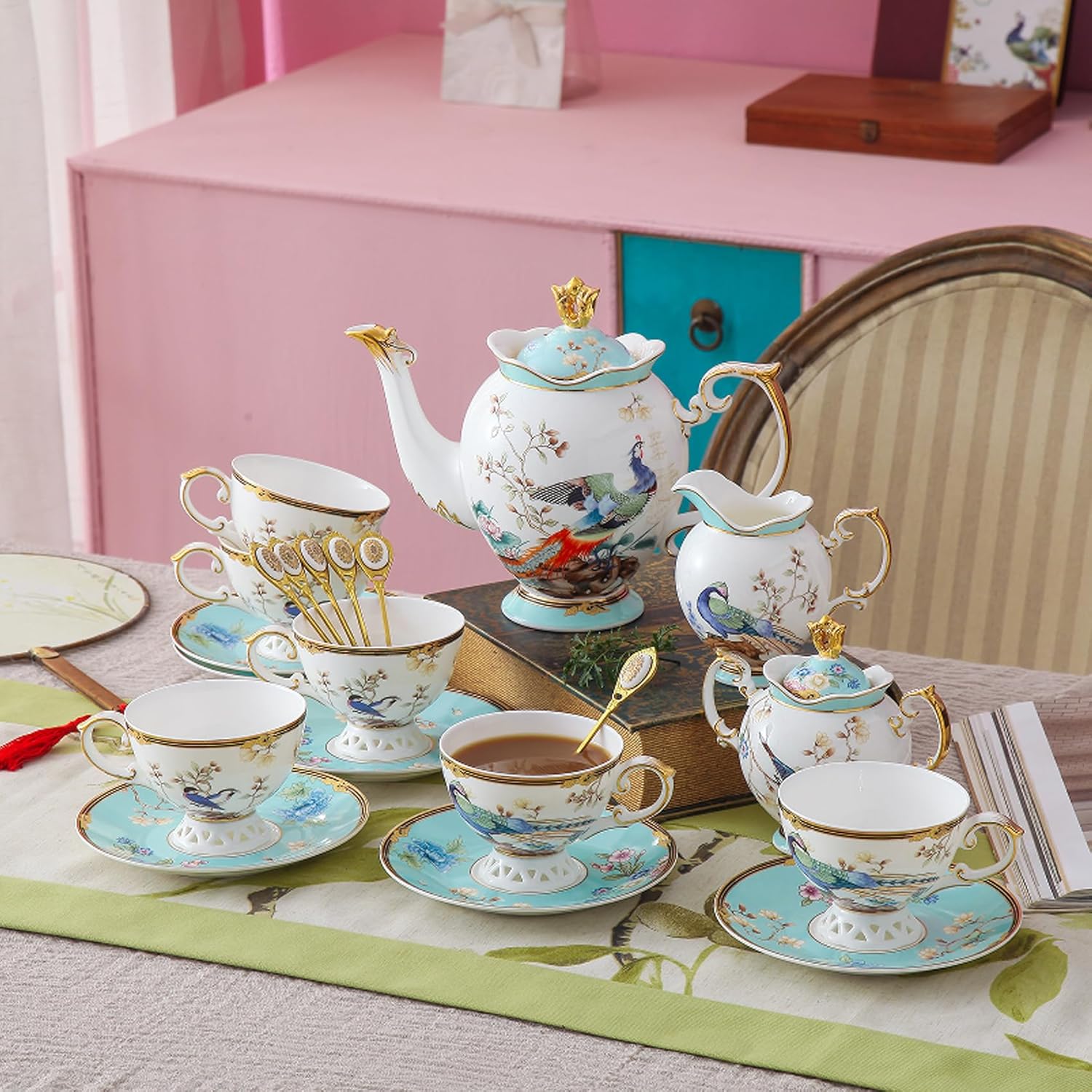 ACMLIFE Fine Bone China Tea Set with Teapot, Porcelain Tea Sets for Adults, 21-Piece Vintage Tea Set for 6, 24K Gold Blue English Floral British China Tea Sets for Women Tea Party for Gifts