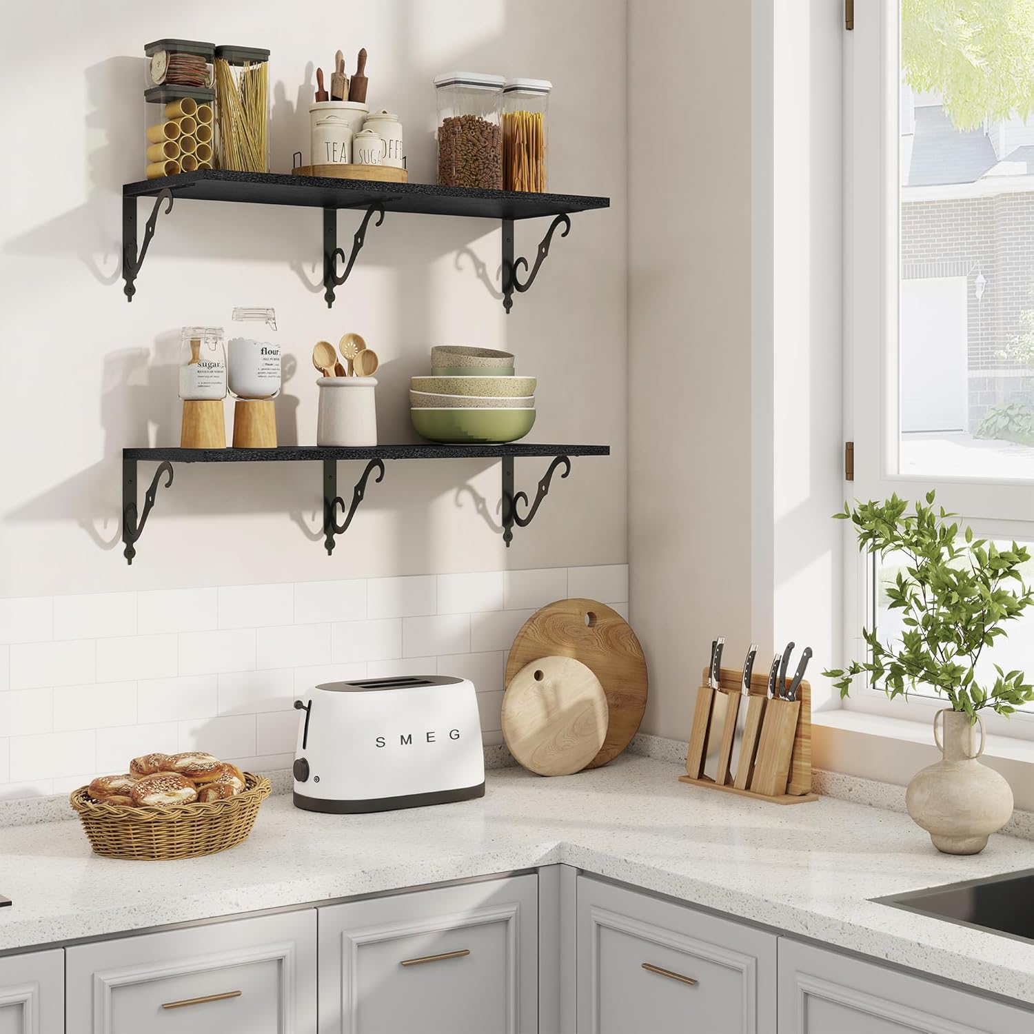 RICHFOCUS 12 Inch Deep Floating Shelves for Wall, 31.5" W x 12" D Black Wood Wall Shelves Set of 2, Wide Floating Shelves for Living Room, Bedroom, Kitchen, Bathroom and Decor Storage, Black