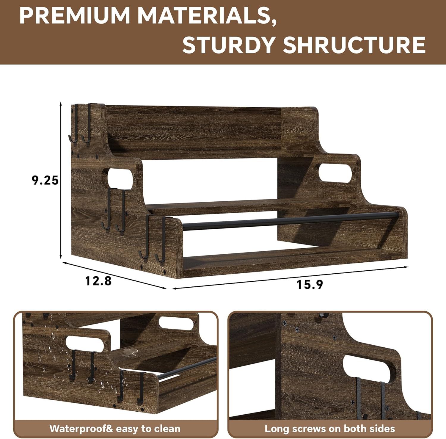 3-Tier Liquor Bottle Display Shelf, Bar Stand for Whiskey, Spirits, Coffee Syrup Rack Organizer, Countertop Wine Rack for Home, Mini Coffee Bar, Small Liquor Cabinet and Kitchen Dark Brown