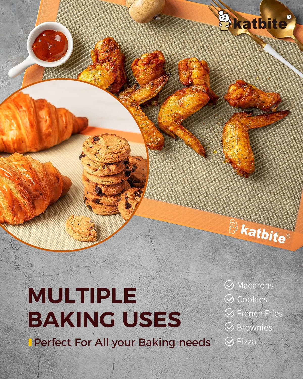 Katbite Silicone Baking Mat Colorful Collection - Set of 3: 2 Half Sheets Mats (11 5/8" x 16 1/2") + 1 Quarter Baking Sheet, Reusable & Nonstick Bakeware Mats for Cookies, Macarons, Bread (Orange)