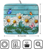 Spring Daisy Floral Dish Drying Mat for Kitchen Counter 16x18in Turquoise Daisy Old Wooden Board Kitchen Mat Absorbent Reversible Microfiber Dishes Pad Fast Drying Dish Drainer Mats for Countertop