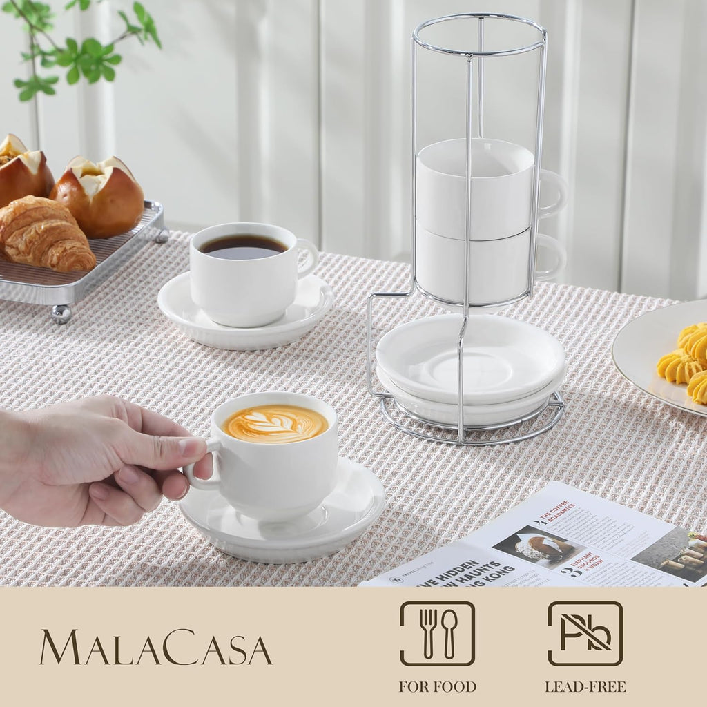 MALACASA 4 OZ Porcelain Espresso Cups with Saucers and Metal Stand Set of 4, Stackable Cappuccino Cups, White Expresso Shots Cup Set for Coffee Drinks, Latte, Tea