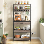 LITTLE TREE Kitchen Baker’s Rack with Power Outlets, Freestanding 5-Tier Microwave Stand with Drawers & Sliding Shelves, Coffee Bar with 6 Hooks for Dining Room Living Room, Grey & Black