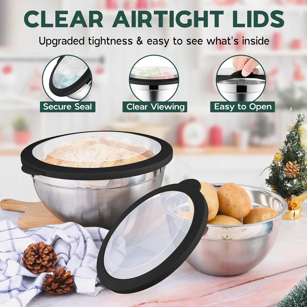 Stainless Steel Mixing Bowls with Black Lids, Metal Nesting Mixing Bowl Set of 5 - Size 1.5, 2, 2.6, 3.5, 4.6QT