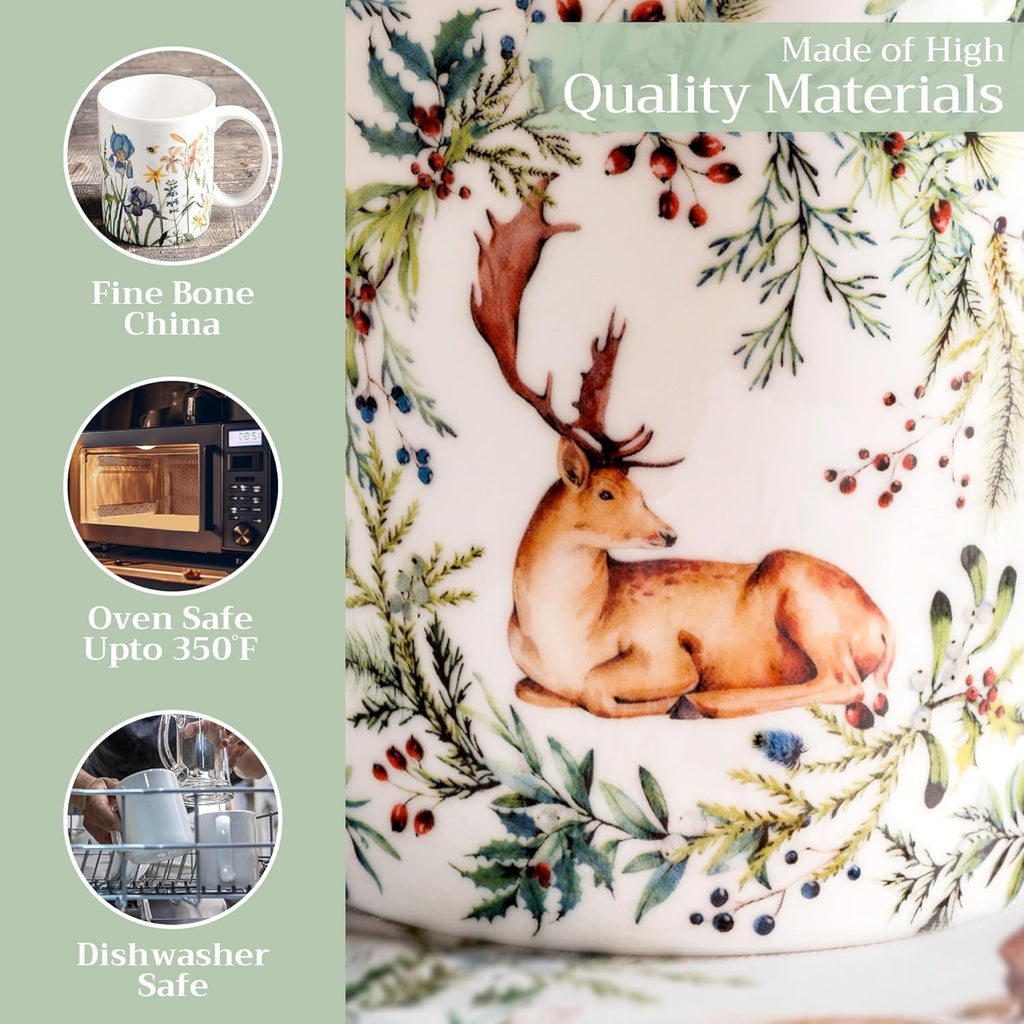 Maison d' Hermine Coffee Mug with Handles Fine Bone China Mugs Pack of Two Tea Cups for Hot Beverages Cappuccino Latte Home Restaurant Office Perfect for Gift (Holly Time, 12 Ounce)