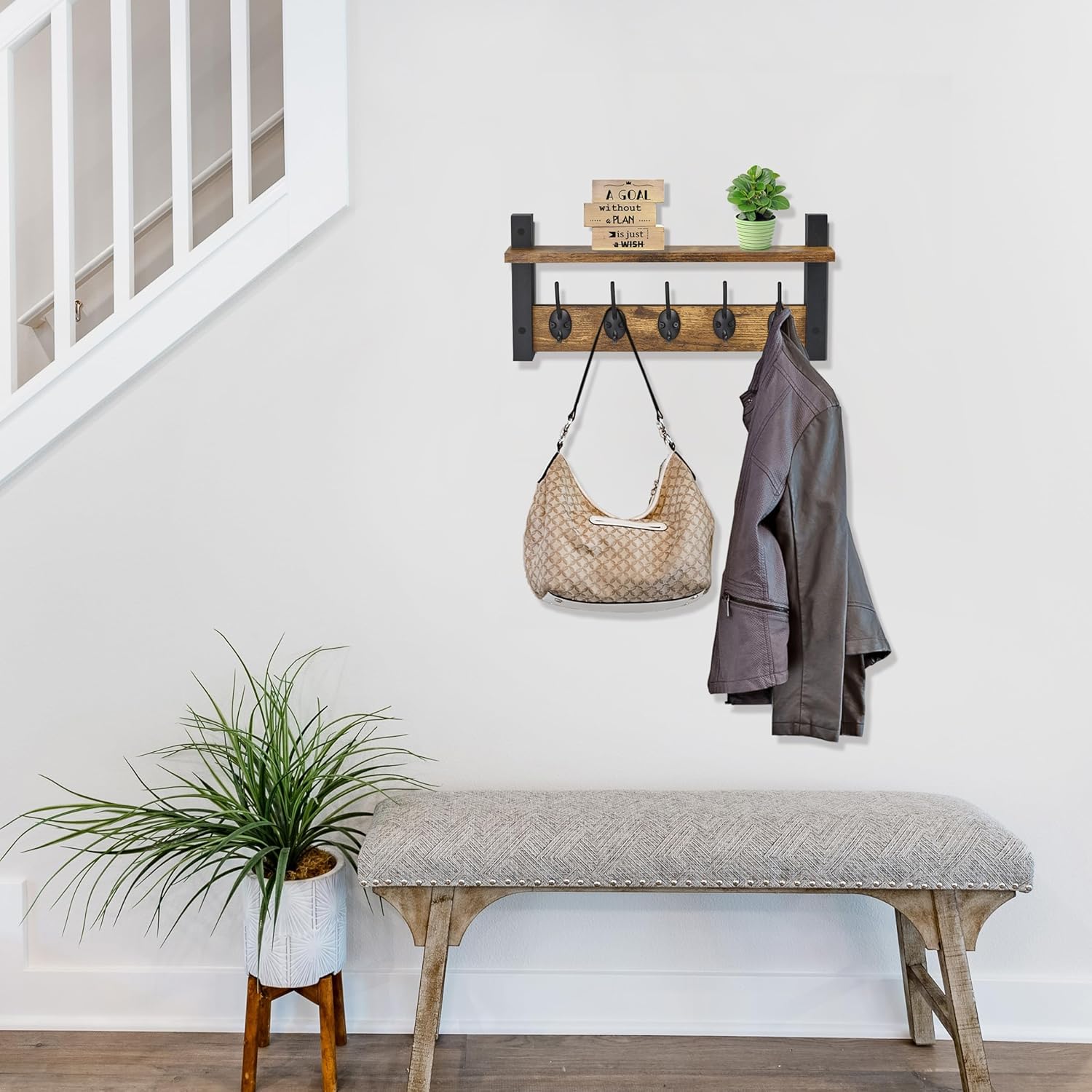 Sorbus Coat Hooks Wall Mount with Shelf – 16 Inch Coat Rack Wall Mount with 5 Heavy Duty Hooks – Floating Wall Shelf with Hooks for Entryway, Bathroom, Bedroom, Kitchen, or Mudroom (Rustic Brown)