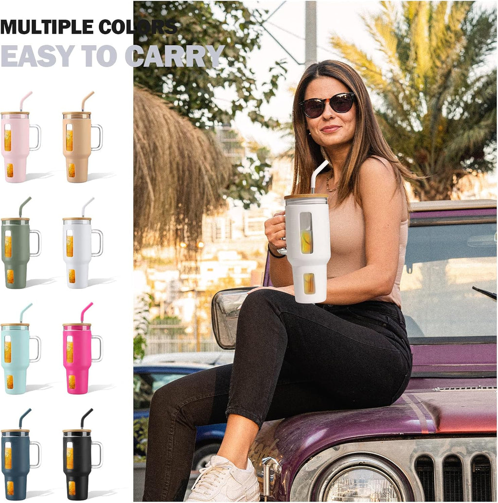 Kodrine 40 oz Glass Tumbler with Handle, Iced Coffee Tumbler with Straw and Bamboo Lid, Glass Drinking Cup with Silicone Sleeve Time Marker, Water Bottle Dishwasher Safe, Cup Holder Friendly, White