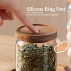720ML/24Oz Clear Cute Glass Storage Canister Holder with Stackable Airtight Wood Lid, Modern Decorative Container Jar for Coffee, Spice, Candy, Salt, Cookie, Condiment, Pepper, Sugar