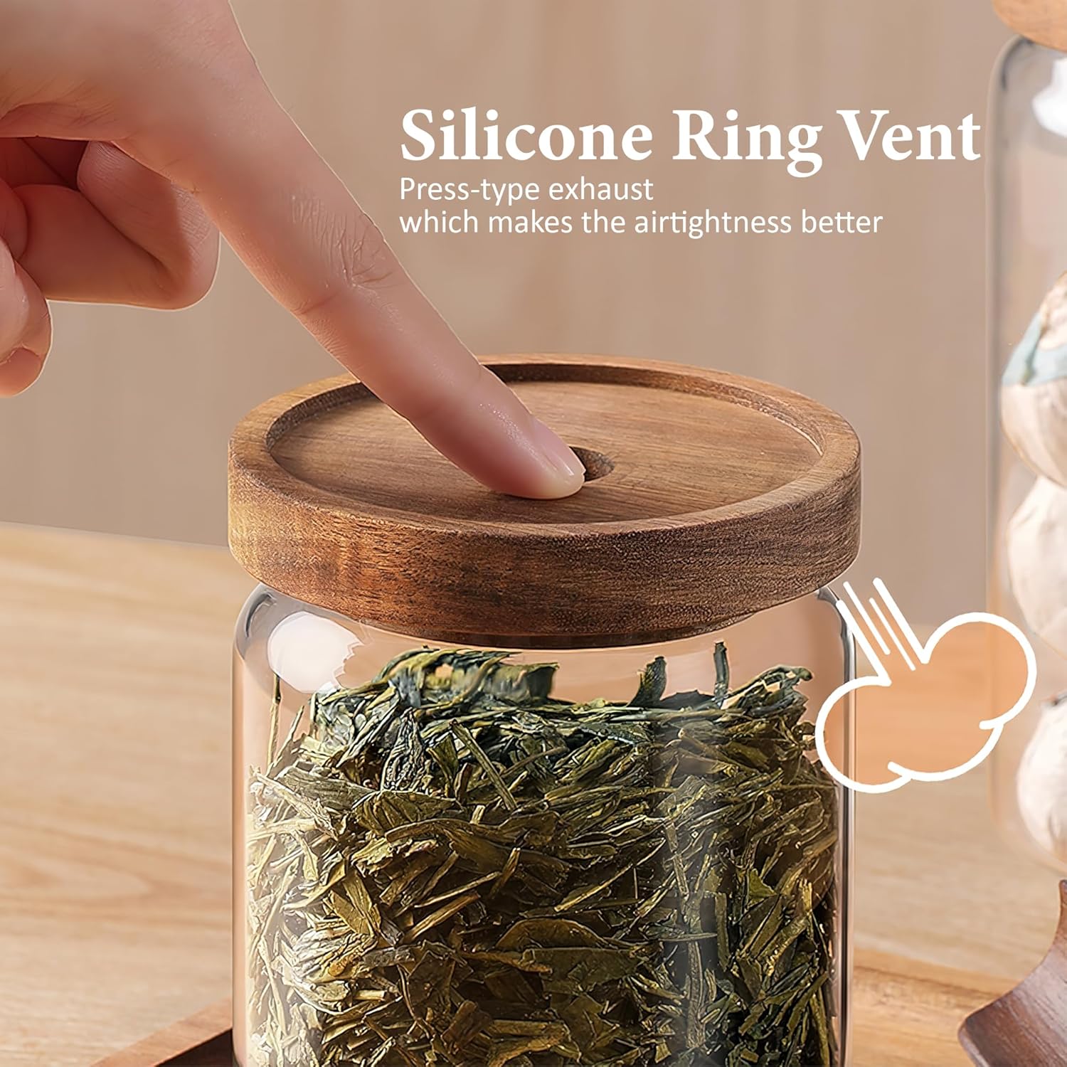 480ML/16Oz Clear Cute Glass Storage Canister Holder with Stackable Airtight Wood Lid, Modern Decorative Small Container Jar for Coffee, Spice, Candy, Salt, Cookie, Condiment, Pepper, Sugar