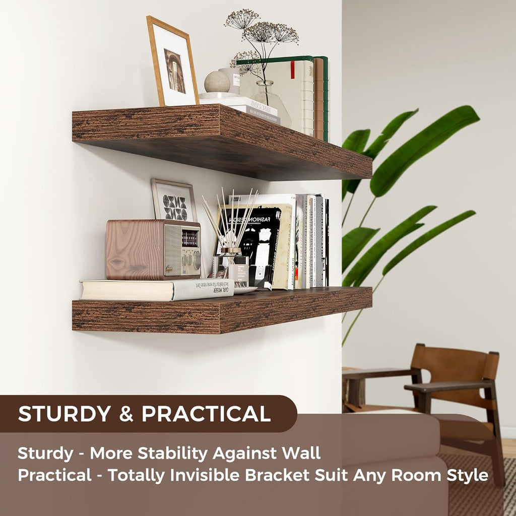 Floating Shelves - 2 Large Wall Mounted Shelves with Invisible Brackets, Long Wood Floating Wall Shelf for Living Room, Bedroom, Kitchen (Brown, 48" W x 9" D x 1.5" H)