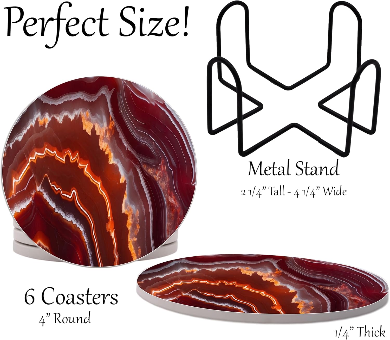 Red Agate Marble Round Coasters Set of 6 - Abosrbent Ceramic Coasters with Metal Stand for Drinks, Coffee, Non-Slip Cork Back for Tabletop Protection, 4 Inches Marbled Pattern (Agate)
