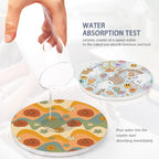 Table Coaster for Drinks Set of 6, Retro 70s Colorful Groovy Round Ceramic Coasters,with Cork Base and Metal Holder,Great Housewarming Birthday Gifts,Home Decor