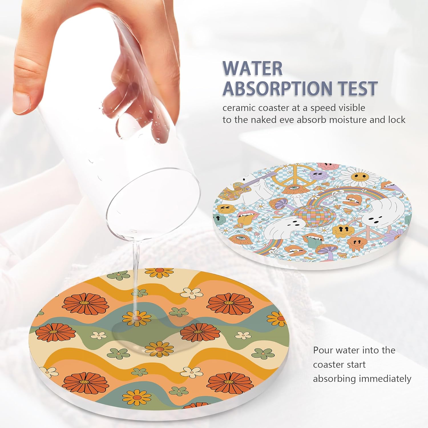 Table Coaster for Drinks Set of 6, Retro 70s Colorful Groovy Round Ceramic Coasters,with Cork Base and Metal Holder,Great Housewarming Birthday Gifts,Home Decor