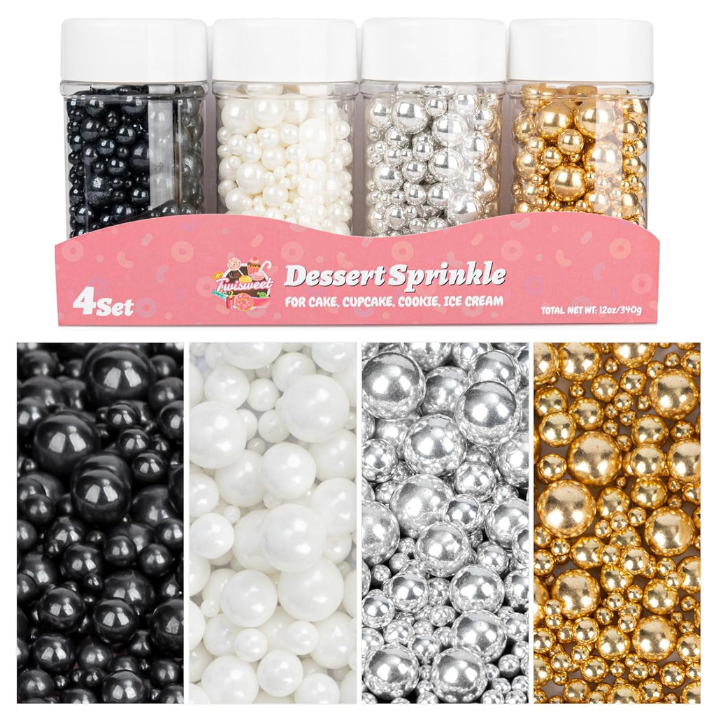 Twisweet Edible Pearl Sprinkles for Cake Decorating 12oz, Gold Silver White and Black Pearls Mix Sugar Sprinkles for Baking, Cake Topper Ice Cream Cupcake Cookie Dessert Decorations Birthday Wedding Valentines Christmas Supplies