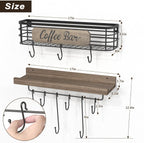 Coffee Mug Holder Organizer 2 Pack with 12 Mug Hooks Mug Rack Wall Mounted with Coffee Bar Sign Farmhouse Coffee Accessories and Organizer with Metal Basket Floating Shelves for Wall Weathered Walnut