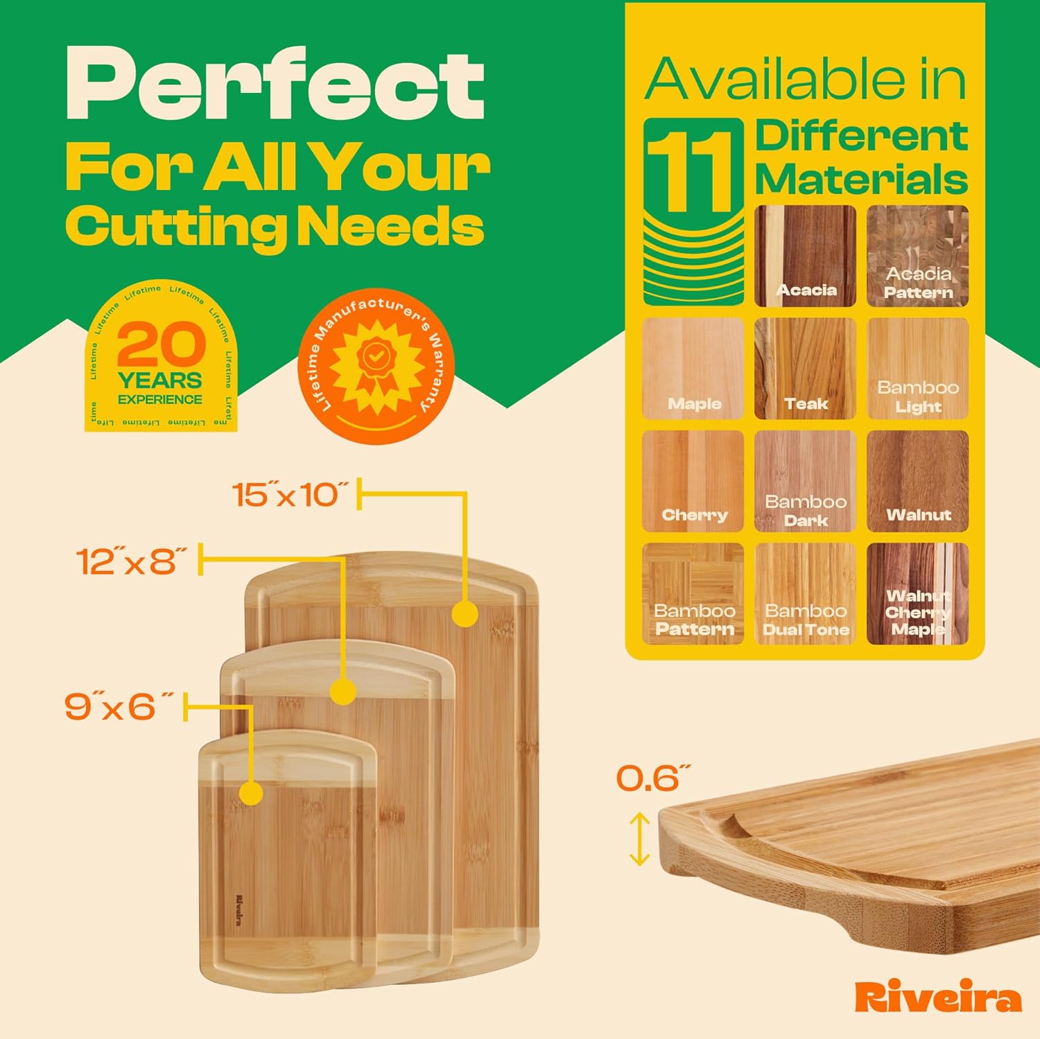 Riveira Two Tone Bamboo Wood Cutting Board – Versatile And Durable: Set Of 3 Pcs Rectangular Wooden Cutting Board – Natural Wooden Cutting Boards For Kitchen – Complete Bamboo Wooden Chopping Board