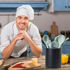 Kitchen Utensil Holder Extra Large 360°Rotating For Counter Organizer Stainless Steel Storage Cooking Silverware Caddy 3 Compartment Flatware Spoon Spatula Tool Cutlery Container（Black）