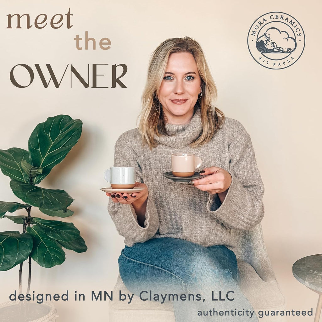 Mora Ceramic Mini Espresso Cups Set of 4, 3oz - Tiny Italian Inspired Mugs With Saucers For Small Shots of Coffee - Modern Boho Style For Any Kitchen or Cafe. Microwave Safe Porcelain - Asstd Neutrals