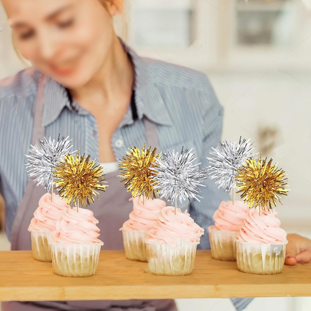 40 PCS Foil Firework Cupcake Toppers Sparkle Tinsel Cupcakae Picks Foil Firework Party Decorations Cocktail Fruit Toothpick for Fireworks Theme Birthday Wedding Graduation Party Decoration Gold Silver