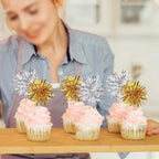 40 PCS Foil Firework Cupcake Toppers Sparkle Tinsel Cupcakae Picks Foil Firework Party Decorations Cocktail Fruit Toothpick for Fireworks Theme Birthday Wedding Graduation Party Decoration Gold Silver