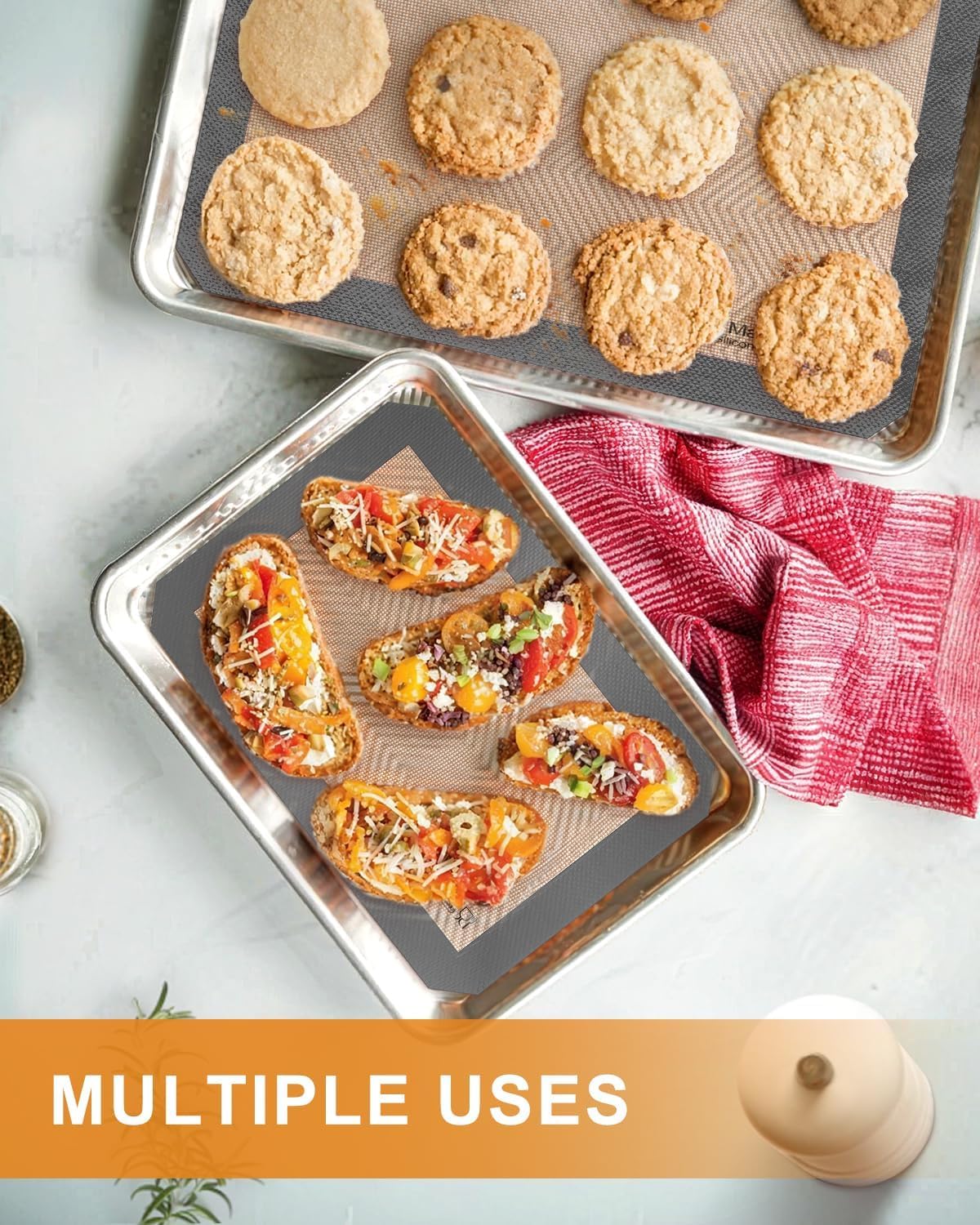 Silicone Baking Mat - Best Platinum Silicone - Sopito Non-Stick Reusable, Food Safe Baking Mat, 5Pcs Set of 2 Half Sheet Size & 2 Quarter Baking Sheets and 1 9'' Pizza Mat, Grey