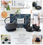 Large 11PC Japanese Tea Set "Gashu Black" Cast Iron Tea Pot 26Oz with 4 Tea Cups (2Oz each), 4 Saucers, Loose Leaf Tea Infuser and Trivet Ceremonial Matcha Accessories