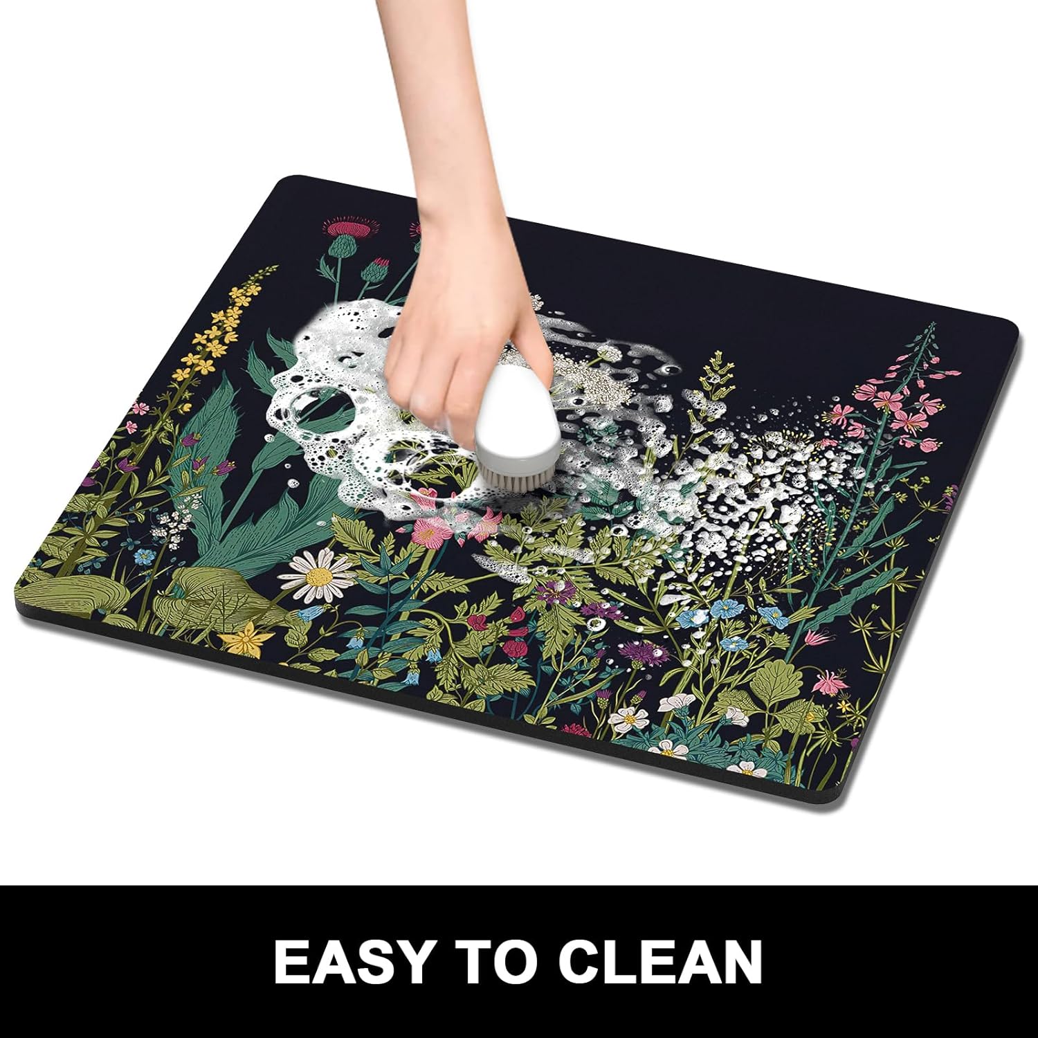 Rnivvi Dish Drying Mat for Kitchen Counter, 16 x 18" Cute Flower Theme Absorbent Heat Resistant Drying Pad with Non-slip Rubber, Coffee Bar Mats for Dish Rack Kitchen Decor Accessories, Black