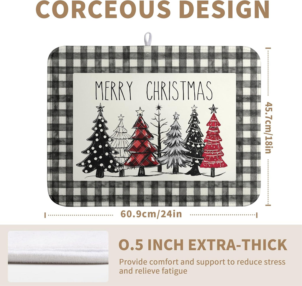 Merry Christmas Dish Drying Mat Buffalo Plaid Large Kitchen Mats Dish Drying Pad Xmas Christmas Tree Absorbent Dish Dryer Mat for Kitchen Countertops Microfiber Drainer Pad Dish Drying Mats (18x24 in)
