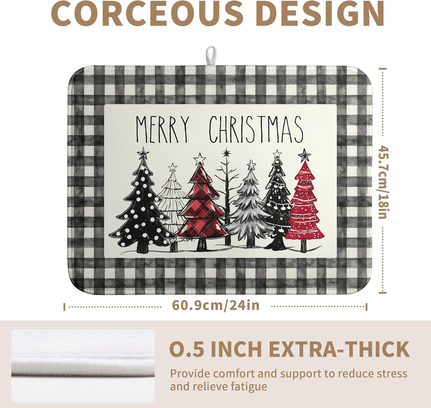 Merry Christmas Dish Drying Mat Buffalo Plaid Large Kitchen Mats Dish Drying Pad Xmas Christmas Tree Absorbent Dish Dryer Mat for Kitchen Countertops Microfiber Drainer Pad Dish Drying Mats (18x24 in)