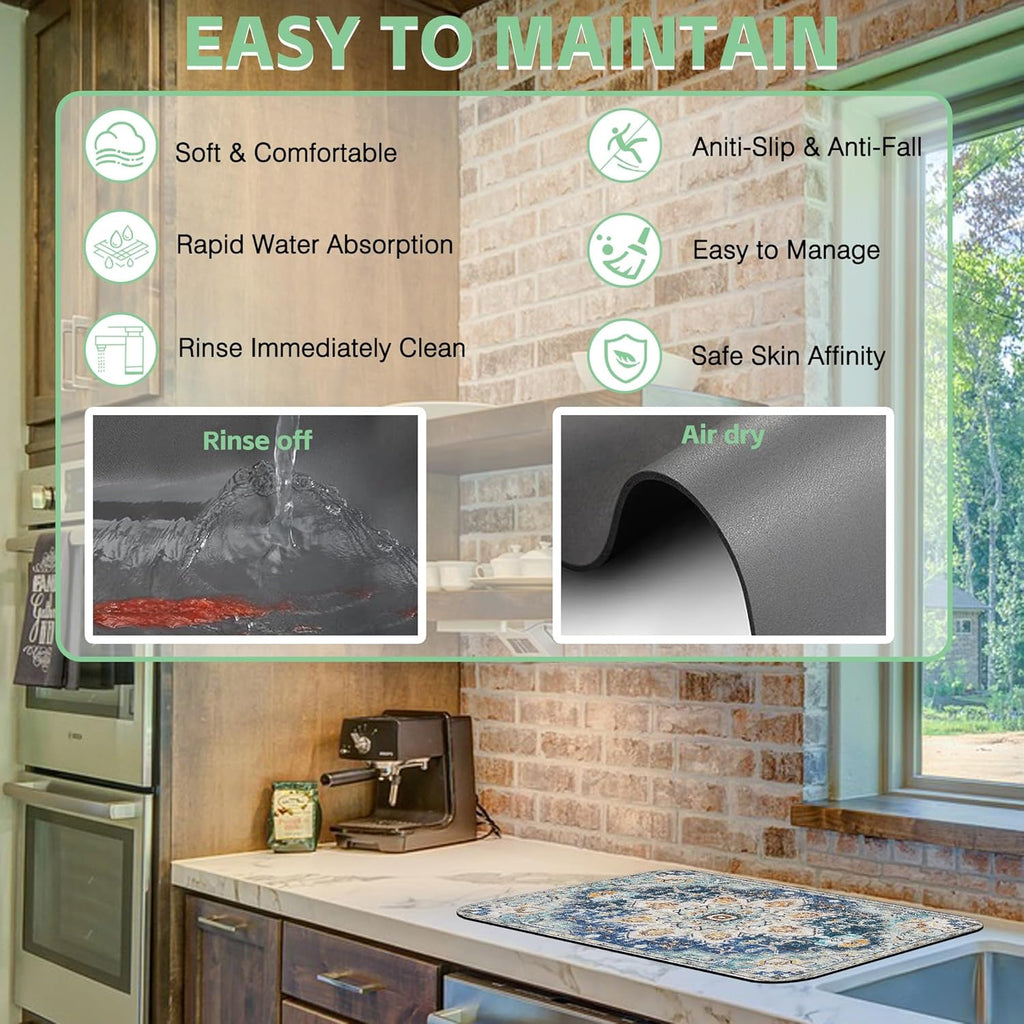 Bohemian Textile Rug Texture Dish Drying Mat,16"X24" Absorbent Fast Dish Drying Mat for Kitchen Counter Pot and Pan, Kitchen Accessories