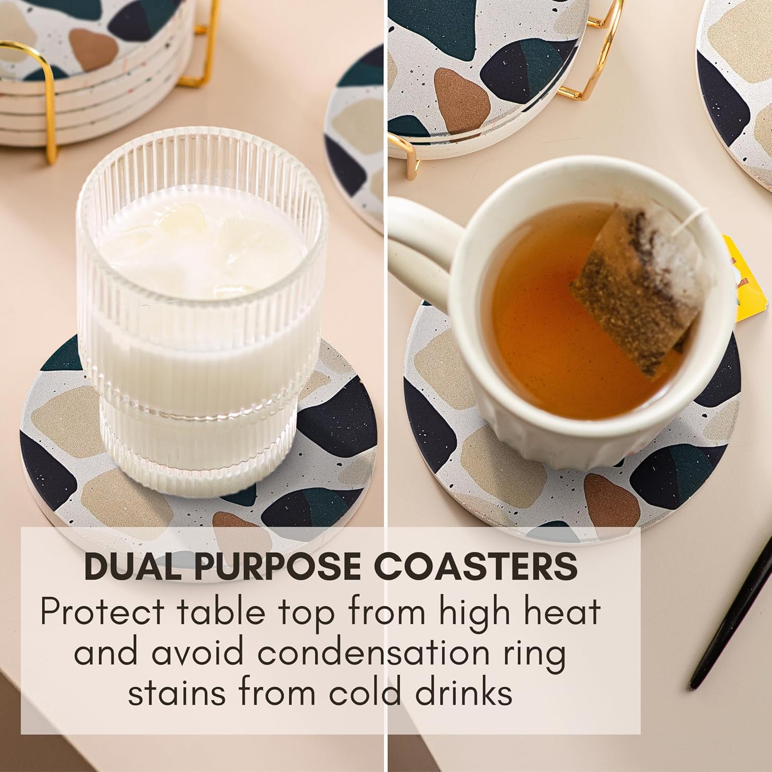 Black Terrazzo Drink Absorbent Coasters with Holder Set of 6, Ceramic Coaster for Drinks, Coffee Table Decor, Water Absorbing Stone Coaster for Drinks (Midnight)