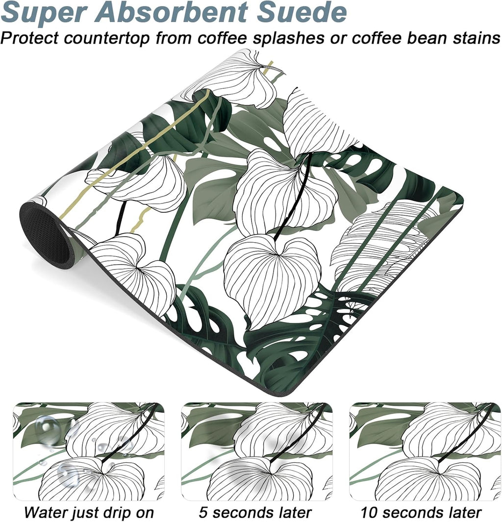 Rnivvi Coffee Mat, 12" x 19" Cute Coffee Bar Mats for Espresso Machine Station Accessories and Organizer, Hide Stain Rubber Backed Absorbent Dish Drying Pad for Kitchen Counter, Tropical Leaves