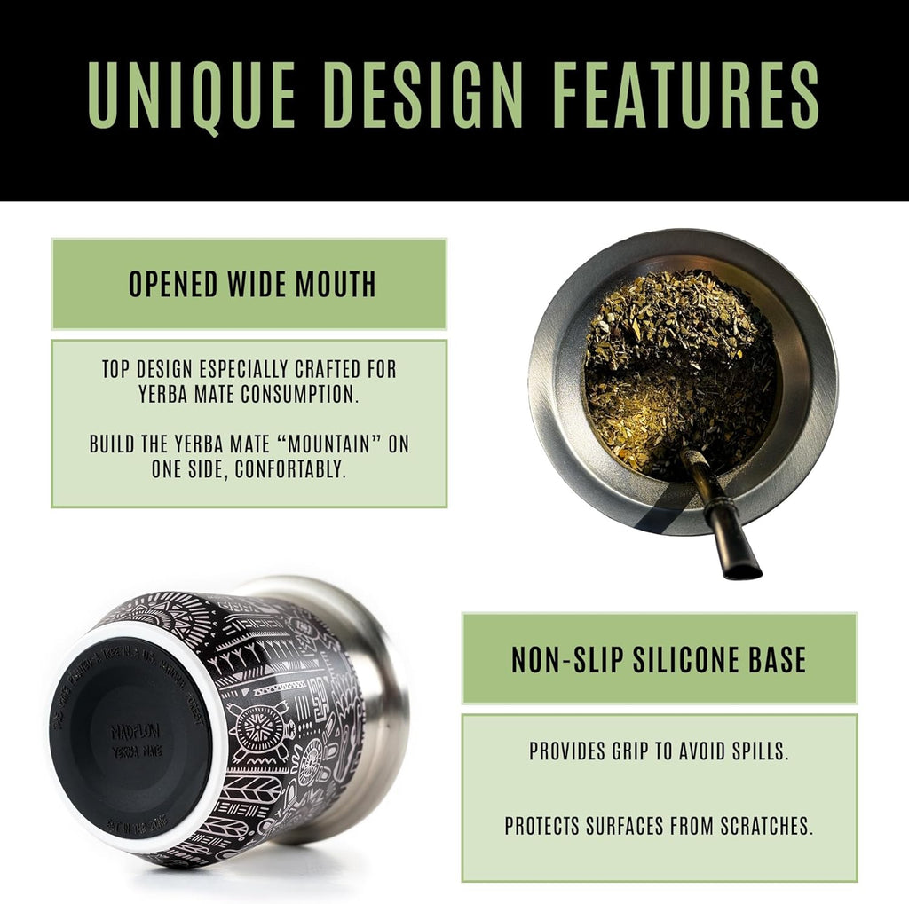 MADFLOW Yerba Mate Cup. Stainless Steel Mate Cup with 2 Bombillas. Double Wall Vacuum Insulated Yerba Mate Gourd. Unique Mate Cup And Bombilla Set
