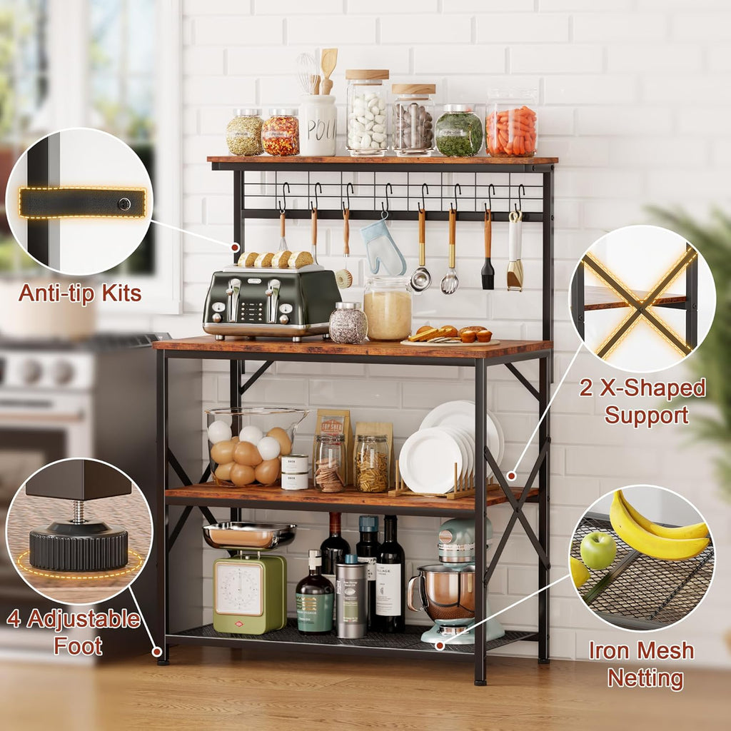 Furologee Kitchen Bakers Rack with Hutch,Coffee Stand with Storage 4 Tiers,Coffee Bar Station with a 31.5 Inch Larger Desktop and 8 S Hooks,Kitchen Microwave Rack for Spices,Pots,Rustic Brown