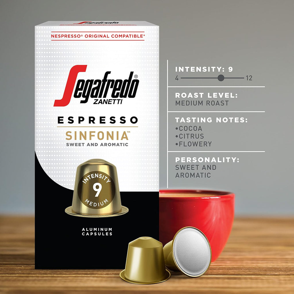 Segafredo Zanetti Espresso Capsules – Aluminum Pods for Nespresso Original Machines – Medium Roast Premium Espresso with a Sweet Aroma – Subtle, Intensity 9 – Sinfonia, 10 Count