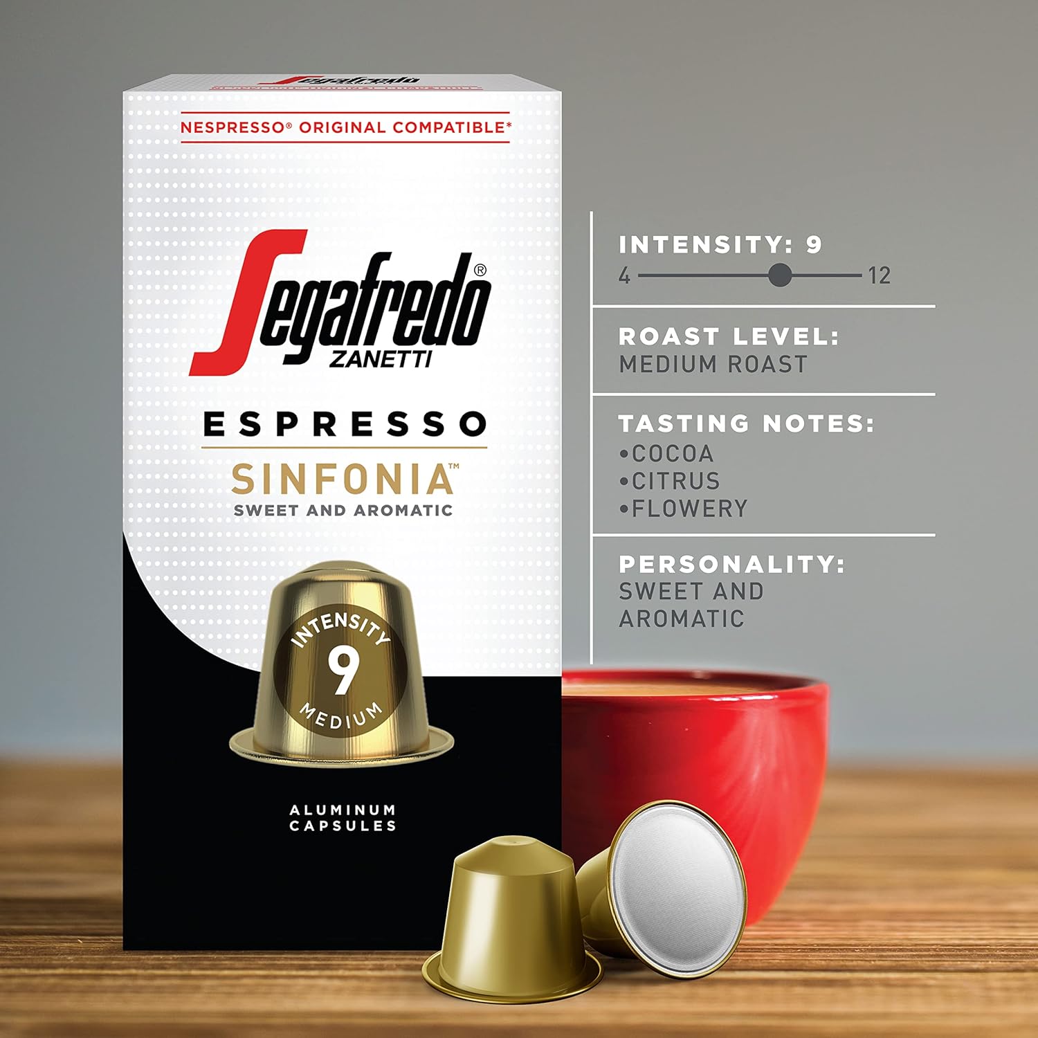 Segafredo Zanetti Espresso Capsules – Aluminum Pods for Nespresso Original Machines – Medium Roast Premium Espresso with a Sweet Aroma – Subtle, Intensity 9 – Sinfonia, 10 Count